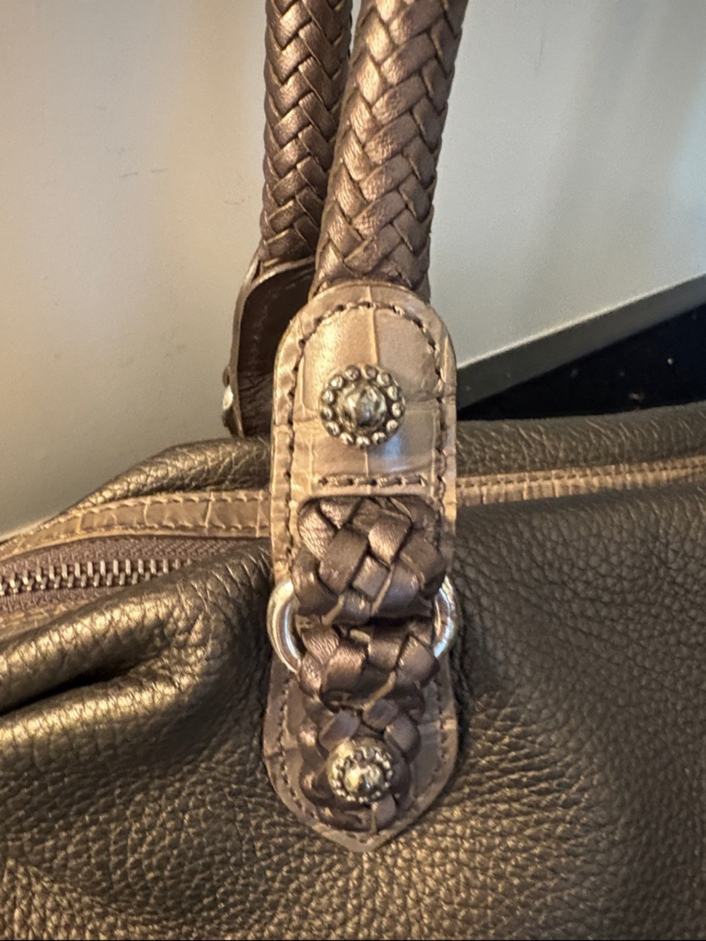 *Brighton Pebbled Leather Double Handles Satchel Handbag Metallic Bronze Hobo - Picture 4 of 17